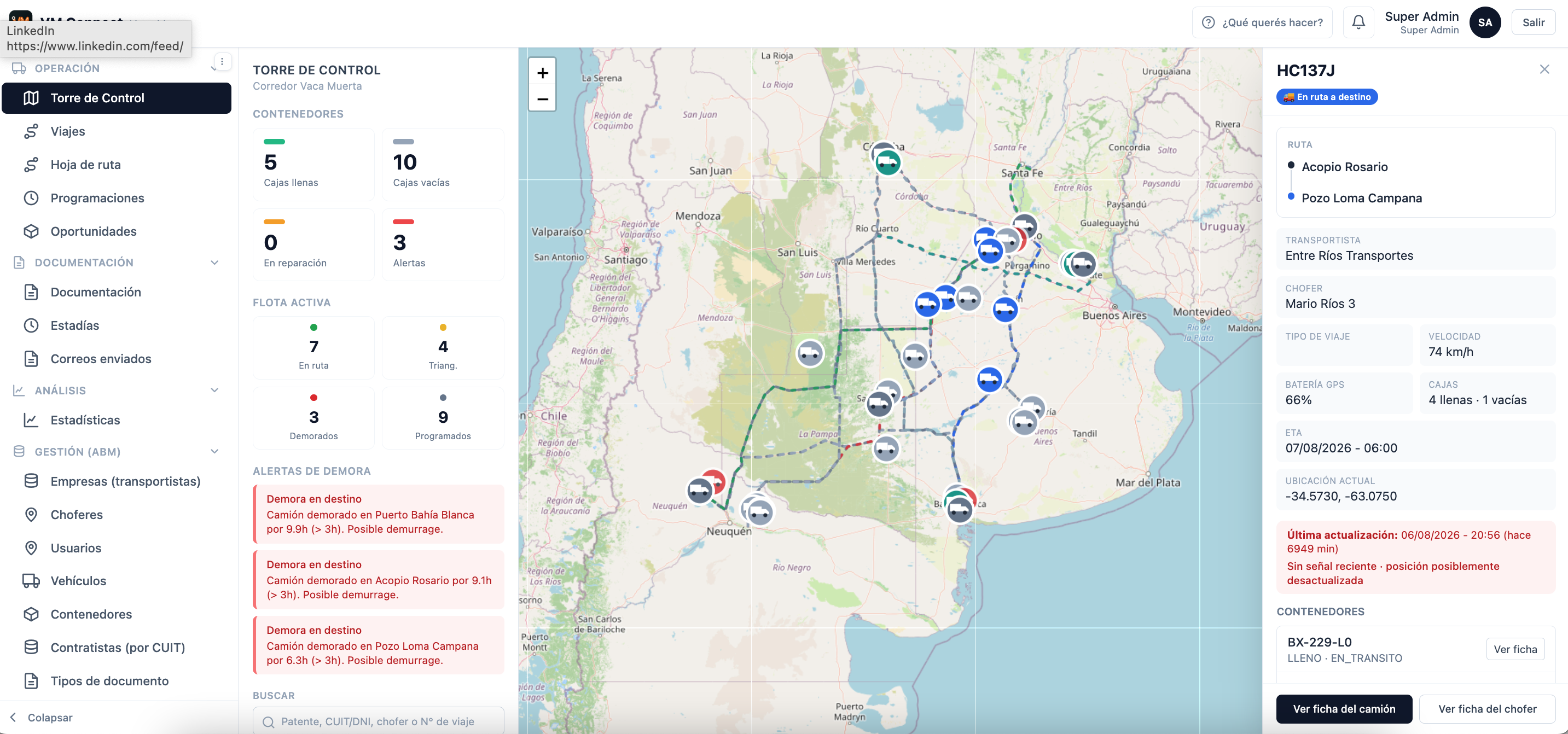 Torre de control en vivo · mapa del corredor Vaca Muerta
